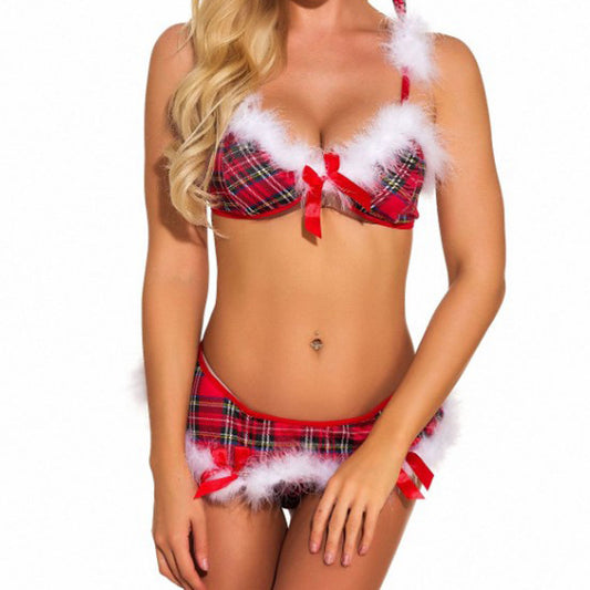 Loviss Sexy Christmas Lingerie for Women Holiday Outfits Plaid Bra and Skirt Santa Sleepwear